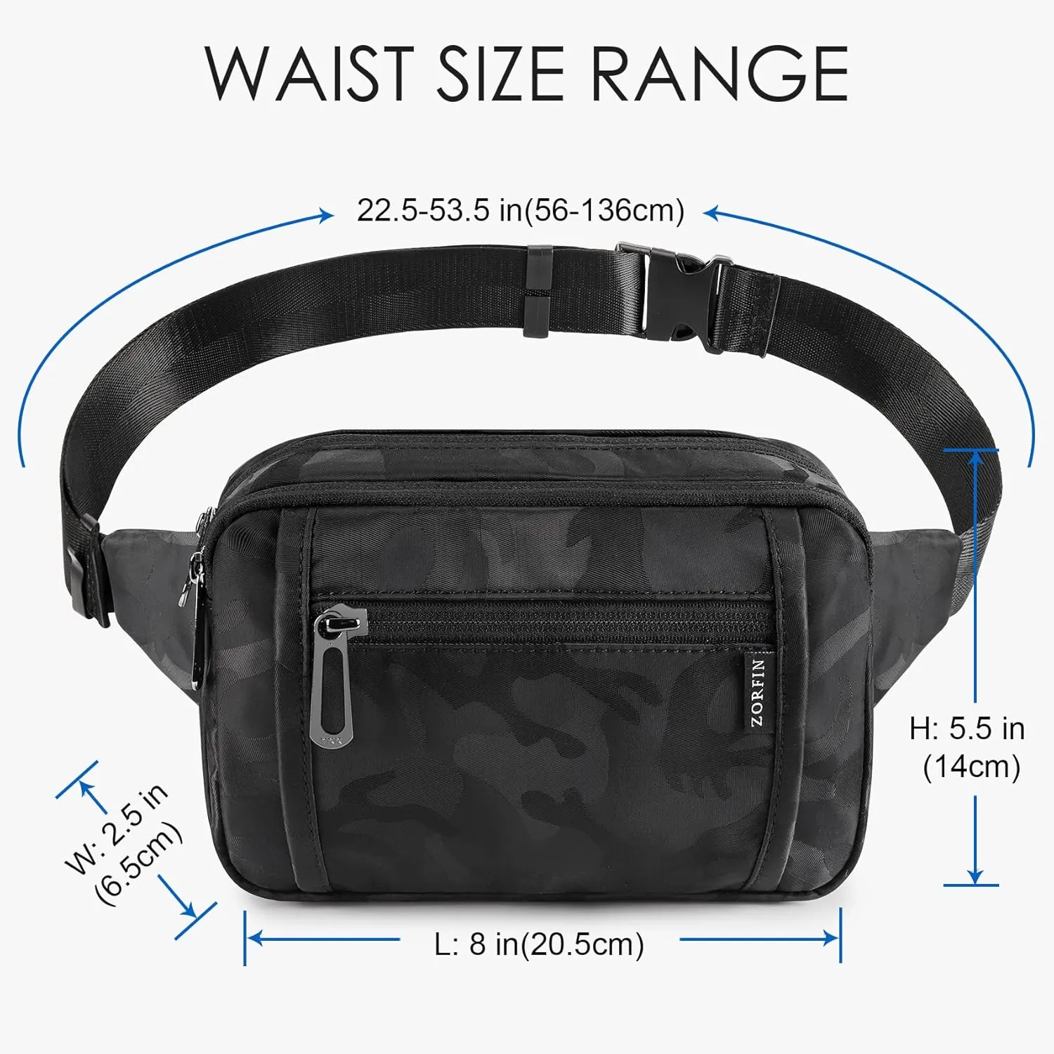 ZORFIN Fanny Packs for Women Men, Belt Bag with 5 Zipper Pockets, Fashion Waist Pack Crossbody Bag with Adjustable Belt for Travel/Shopping/Hiking/Running/Cycling (Camo Black, Gray Zipper)