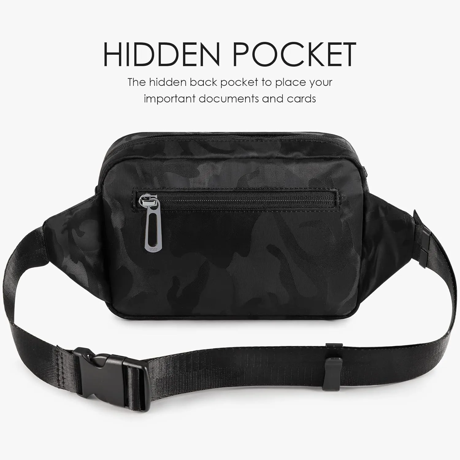 ZORFIN Fanny Packs for Women Men, Belt Bag with 5 Zipper Pockets, Fashion Waist Pack Crossbody Bag with Adjustable Belt for Travel/Shopping/Hiking/Running/Cycling (Camo Black, Gray Zipper)