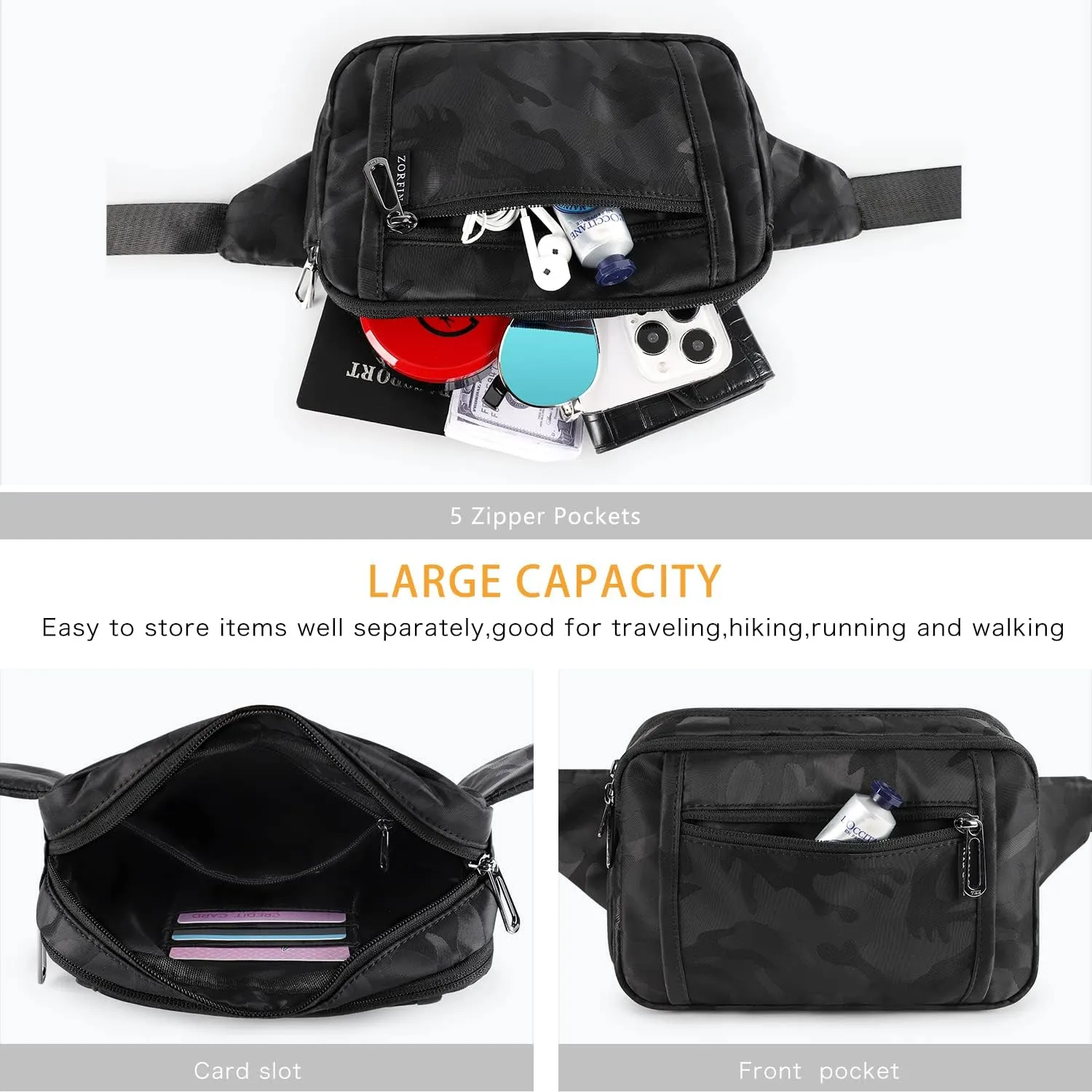 ZORFIN Fanny Packs for Women Men, Belt Bag with 5 Zipper Pockets, Fashion Waist Pack Crossbody Bag with Adjustable Belt for Travel/Shopping/Hiking/Running/Cycling (Camo Black, Gray Zipper)