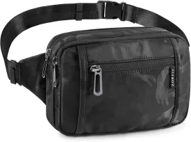 ZORFIN Fanny Packs for Women Men, Belt Bag with 5 Zipper Pockets, Fashion Waist Pack Crossbody Bag with Adjustable Belt for Travel/Shopping/Hiking/Running/Cycling (Camo Black, Gray Zipper)