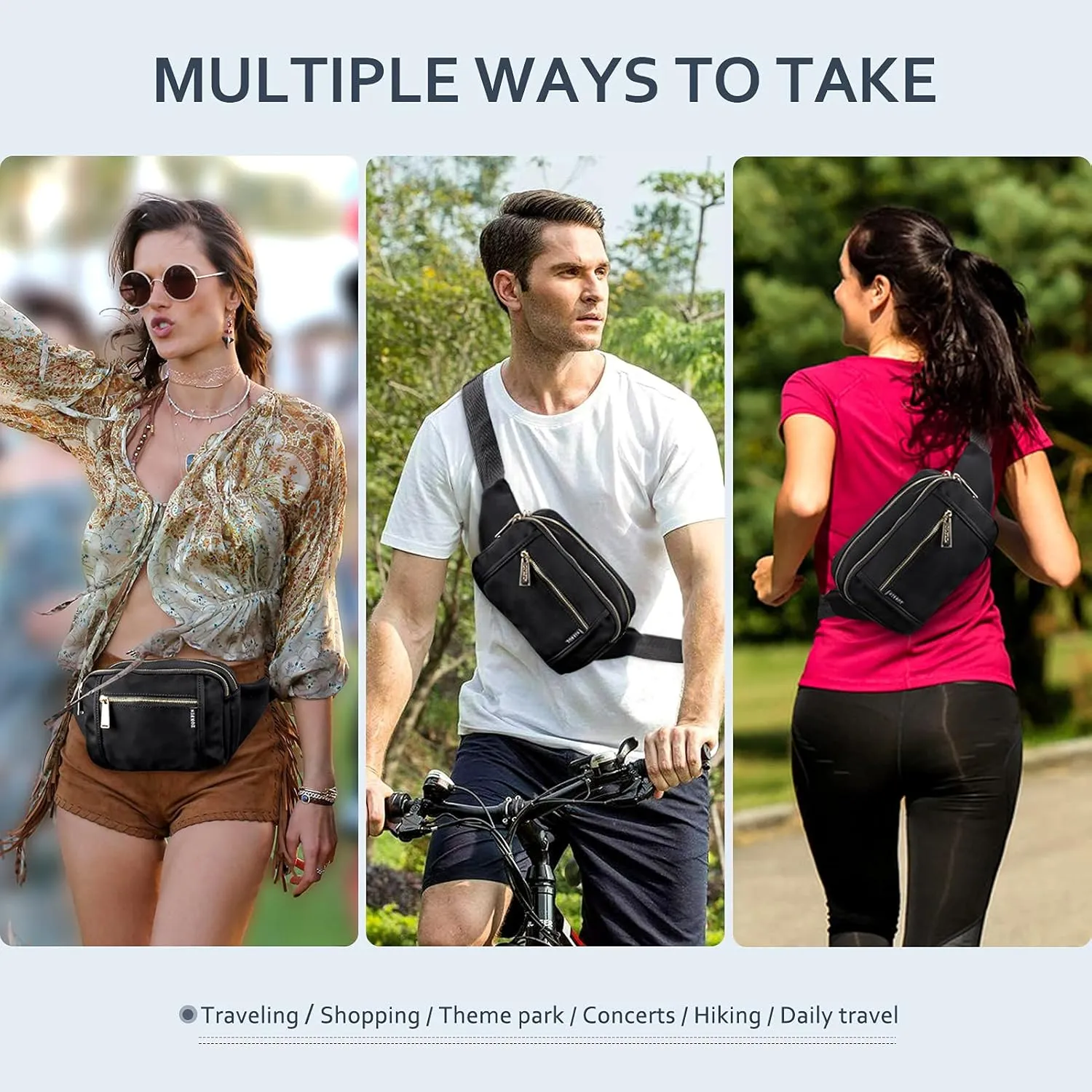 ZORFIN Fanny Packs for Women Men, Belt Bag with 5 Zipper Pockets, Fashion Waist Pack Crossbody Bag with Adjustable Belt for Travel/Shopping/Hiking/Running/Cycling (Camo Black, Gray Zipper)