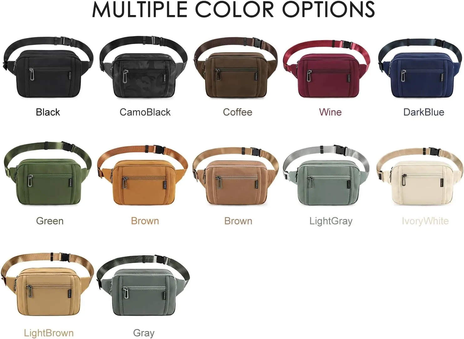 ZORFIN Fanny Packs for Women Men, Belt Bag with 5 Zipper Pockets, Fashion Waist Pack Crossbody Bag with Adjustable Belt for Travel/Shopping/Hiking/Running/Cycling (Camo Black, Gray Zipper)
